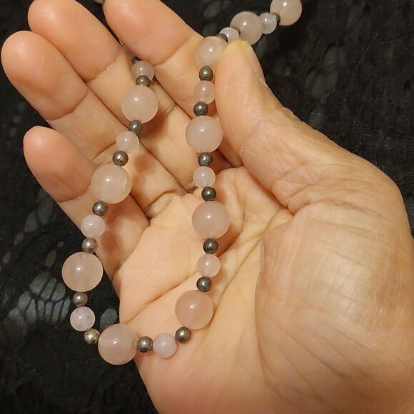 Rose Quartz Pink Crystals and Silver Tone Bead Necklace - Picture 2 of 4